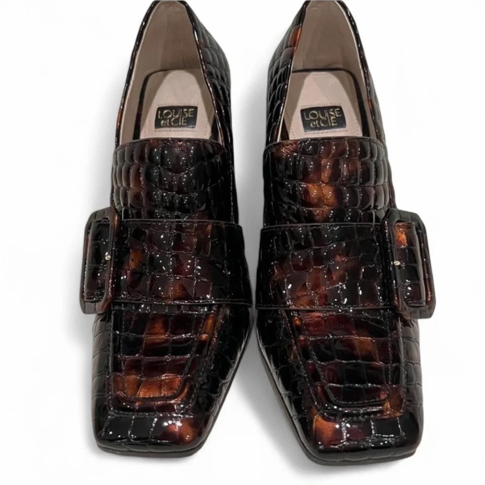 Louise et Cie Ovidio Tortoise Croc Embossed Leather Loafer Heels 7